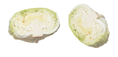 Obraz premium Cabbage fly in mid air, green fresh vegetable cabbage cut chop half head. Organic fresh vegetable with eaten leaf of cabbage falling, close up texture. White background isolated freeze motion