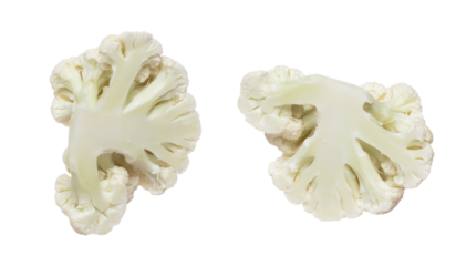 Cauliflower fly fall mid air, green fresh vegetable Cauliflower cut chop slice. Organic fresh vegetable Cauliflower, close up texture. White background isolated freeze motion high speed shutter