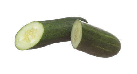 Cucumber fly fall, green fresh vegetable cucumber cut chop slice. Organic fresh vegetable with eaten leaf of long cucumber, close up texture. White background isolated freeze motion high speed shutter
