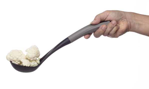 Cauliflower fly fall in turner, green fresh vegetable Cauliflower cut chop slice. Organic fresh vegetable Cauliflower, close up texture. White background isolated freeze motion high speed shutter