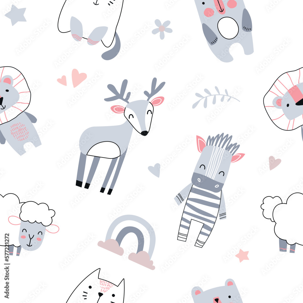 Poster seamless pattern with animals. repeating design element for printing on fabric. deer, zebra, lion an