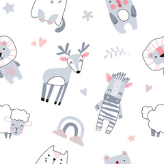 Seamless pattern with animals. Repeating design element for printing on fabric. Deer, zebra, lion and sheep. Rainbow, heart, star and branches in doodle style. Cartoon flat vector illustration