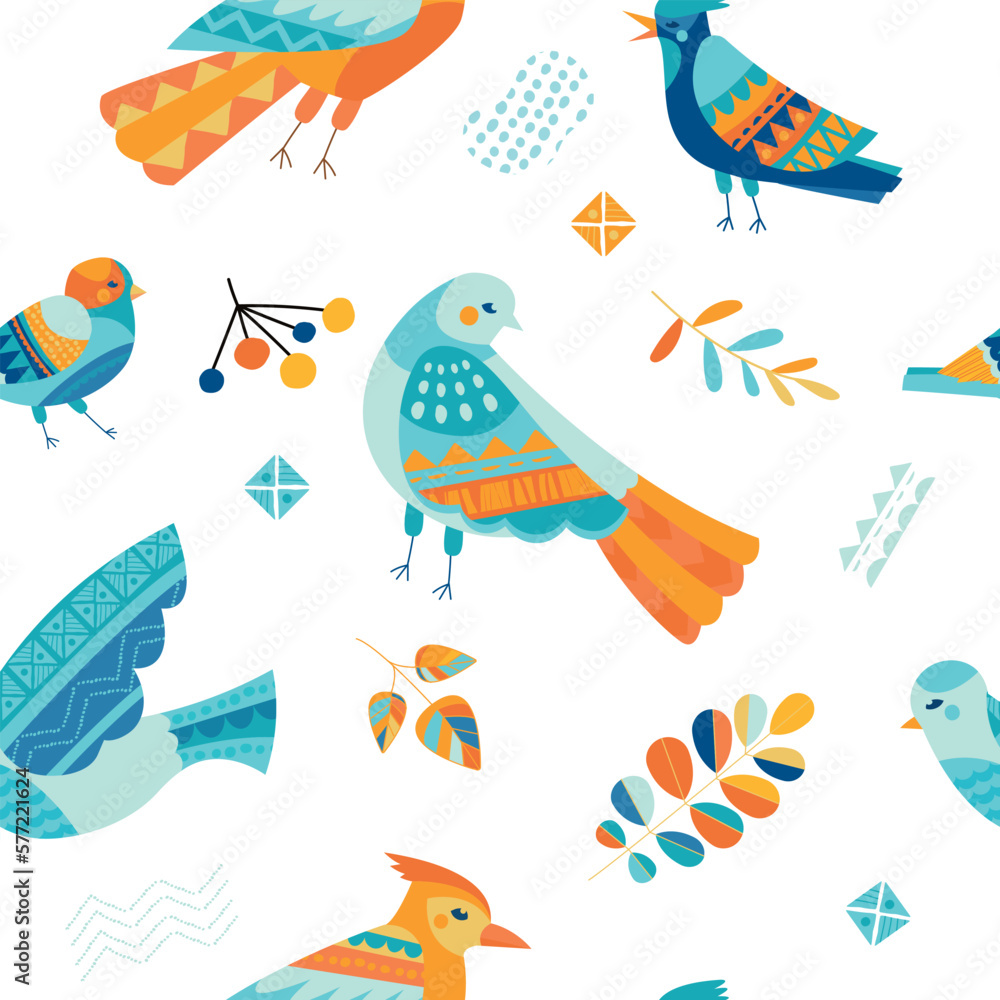 Poster birds seamless pattern. repeating design element for printing on fabric. berries and animal with win