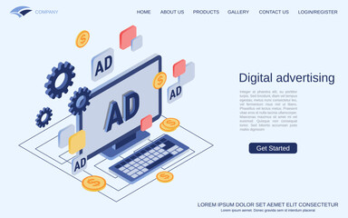 Digital advertising, internet promotion, marketing flat 3d isometric vector concept illustration