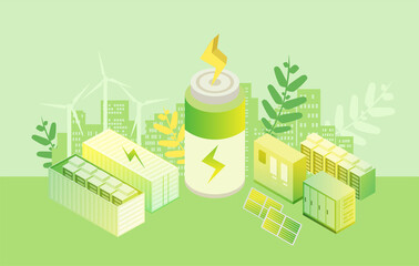 Naklejka premium Renewable Green Energy Concept. Solar Panels and Wind Power Plants. Sustainable Ecological Power Generation of Clean Energy.