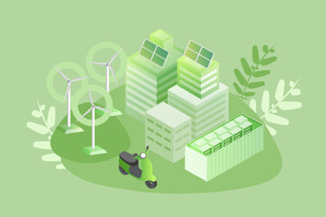 Obraz premium Green city landscape, Smart renewable energy power grid system. Electric car charging with solar panels, wind, power grid and city.