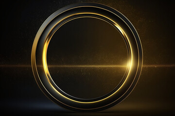 A gold circle frame on a black background, a hologram, incoherents, quantum wavetracing Generative AI