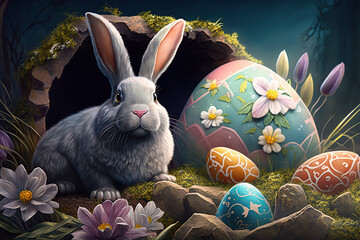 Tema de Páscoa e ovos de chocolate e coelhos