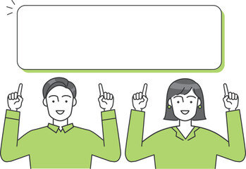 ビジネスパーソン（男女）が両手で頭の上のボードを指差しているベクターイラスト
