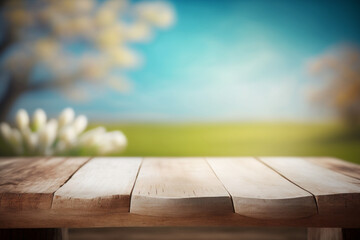 Easter background with empty wooden deck table over blurred Easter. Empty display for product montage. Rustic scene Generative AI