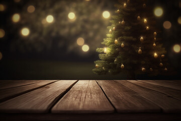 Christmas and New year background with empty wooden deck table over blurred christmas tree at night. Empty display for product montage. Rustic scene Generative AI