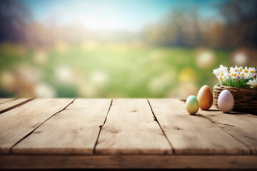 Easter background with empty wooden deck table over blurred Easter. Empty display for product montage. Rustic scene Generative AI