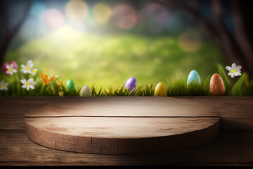 Easter background with empty wooden deck table over blurred Easter. Empty display for product montage. Rustic scene Generative AI