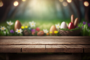 Easter background with empty wooden deck table over blurred Easter. Empty display for product montage. Rustic scene Generative AI