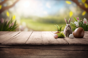 Easter background with empty wooden deck table over blurred Easter. Empty display for product montage. Rustic scene Generative AI