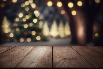 Christmas and New year background with empty wooden deck table over blurred christmas tree at night. Empty display for product montage. Rustic scene Generative AI