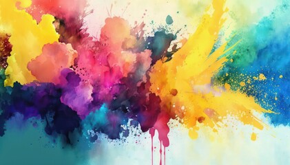 Bright abstract watercolor background. Colored chaotic paint splatter. Rainbow watercolor wallpaper. Generative AI art.