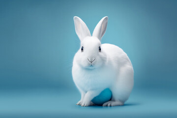 Obraz premium Cute Easter bunny with a blue Easter egg on a blue background. Generative AI