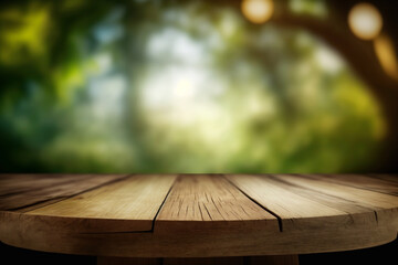 Top of wood table with blurred bokeh nature background - Empty ready for your product display montage Generative AI