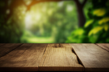 Top of wood table with blurred bokeh nature background - Empty ready for your product display montage Generative AI