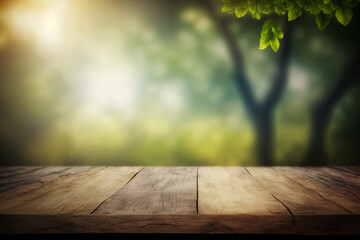 Top of wood table with blurred bokeh nature background - Empty ready for your product display montage Generative AI