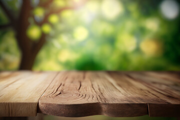 Top of wood table with blurred bokeh nature background - Empty ready for your product display montage Generative AI