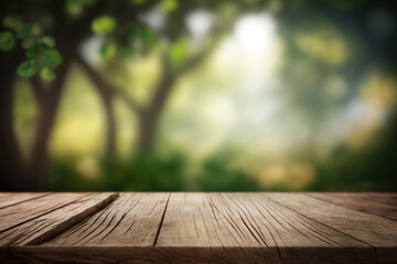 Top of wood table with blurred bokeh nature background - Empty ready for your product display montage Generative AI