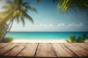 Top of wood table with seascape and palm leaves, blur bokeh light of calm sea and sky at tropical beach background Empty ready for your product display montage. summer vacation backgroun Generative AI