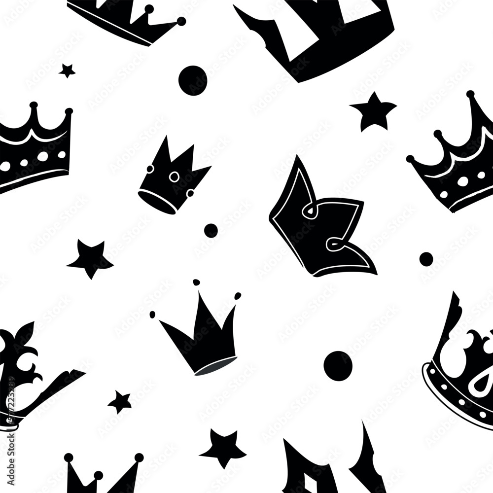 Poster crown black and white seamless pattern. repeating design element for printing on fabric. symbol of l