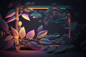 Luminescent illuminated glowing frame with leaves on dark background. Stylish fashion banner. Ai. Neon light template