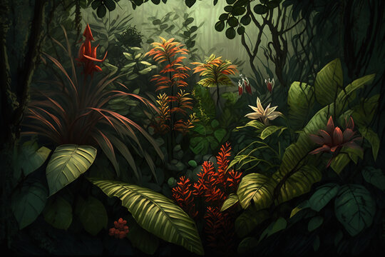 Dreamy fantasy deep jungle lush vegetation, digital illustration
