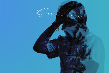 Triple exposure, worried man but with free thoughts.