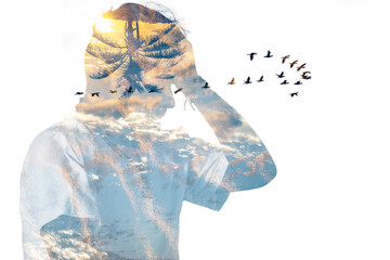 Triple exposure, worried man but with free thoughts.