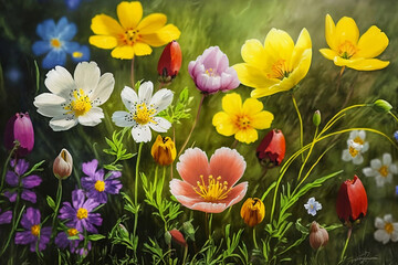 Obraz premium Spring flowers in the grass. Spring concept art. Generative ai. 