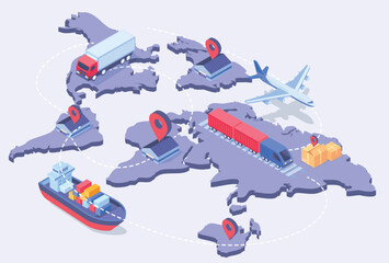 Global logistics isometric. Ship, truck and plane, train and warehouse with pin on map. International trade and business, globalization. Transportation and shipping. Cartoon 3D vector illustration - obrazy, fototapety, plakaty