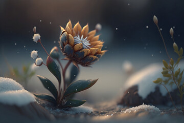 Close-up view of a single flower covered with snow during the first snow. Created with generative AI technology.
