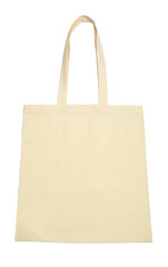 Blank beige textile bag on white background, top view. Mockup for design