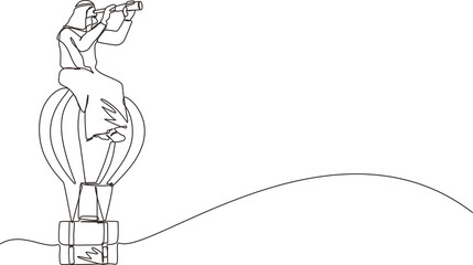 Single one line drawing Arab businessman sitting and looking through telescope in hot air balloon briefcase. Male in suitcase balloon search to success. Business travel. Continuous line design vector