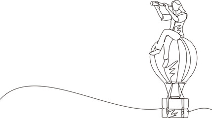 Continuous one line drawing businesswoman sitting and looking through telescope in hot air balloon briefcase. Female in suitcase balloon search to success. Business travel. Single line design vector