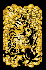 outline tiger face tattoo with chrysanthemum flower and cherry blossom.Tiger tattoo Japanese style.Traditional Japanese culture for printing and coloring book on background.