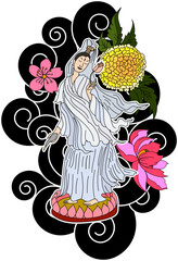 Guan Yin women god of Buddhism with cherry blossom design for traditional tattoo.Chinese god with chrysanthemum flower and marigold flower tattoo design.