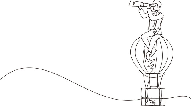 Single one line drawing businessman sitting and looking through telescope in hot air balloon briefcase. Male in suitcase balloon search to success. Business travel. continuous line draw design vector