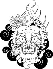outline tiger face tattoo with chrysanthemum flower and cherry blossom.Tiger tattoo Japanese style.Traditional Japanese culture for printing and coloring book on background.