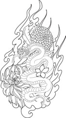black and white Japanese snake cobra with chrysanthemum flower design.doodle and coloring book snake with cloud isolate on white background for tattoo style.Traditional Japanese culture for printing