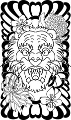 Fototapeta premium outline tiger face tattoo with chrysanthemum flower and cherry blossom.Tiger tattoo Japanese style.Traditional Japanese culture for printing and coloring book on background.