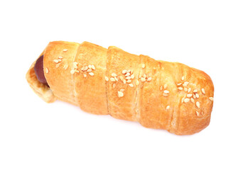 One delicious sausage roll isolated on white, top view