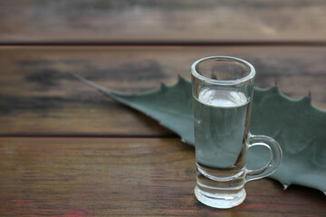 Mexican tequila shot and green leaf on wooden table, closeup with space for text. Drink made of...