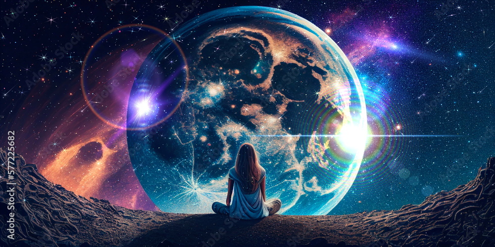 Wall mural young woman sit on earth and watch big moon on space night starry sky flares esoteric concept backgr