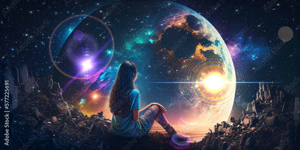 Wall mural young woman sit on earth and watch big moon on space night starry sky flares esoteric concept backgr