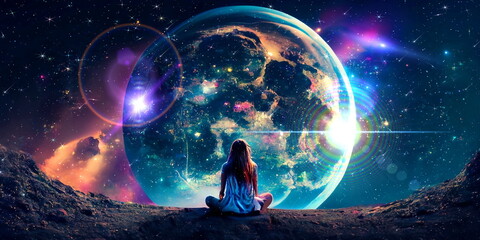  young woman sit on earth and watch big moon  on space night starry sky flares esoteric concept background generated ai - 577225641